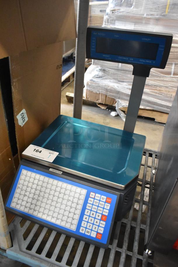 Alt Text: AvaWeigh 334PCSP30T 30 lb. digital WiFi price computing scale with thermal label printer and LCD tower display. Brand new with scratch and dent.