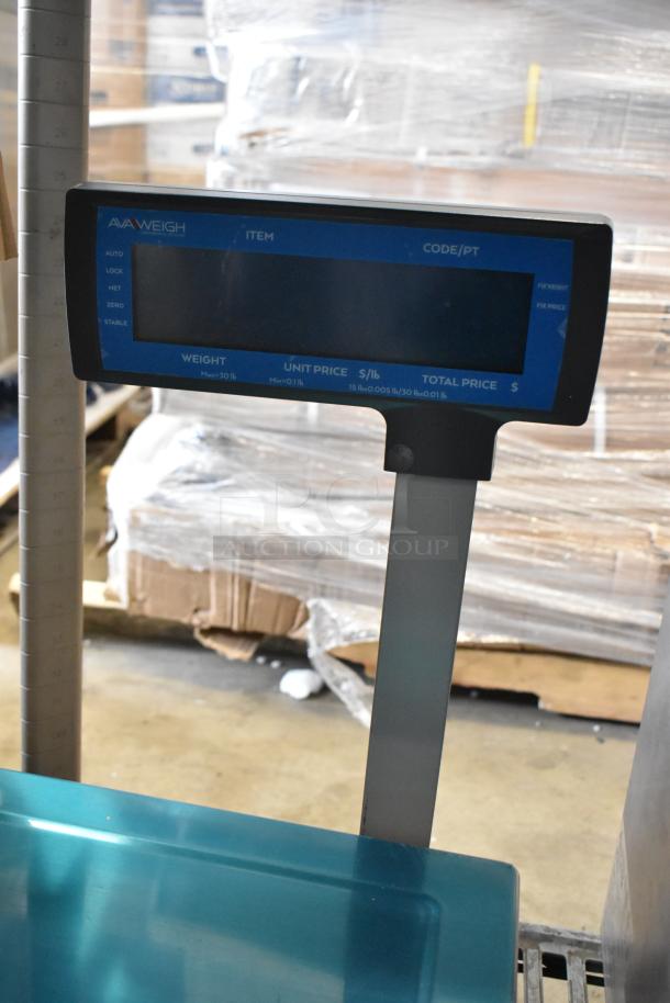 Alt text: AvaWeigh 334PCSP30T 30 lb. digital WiFi scale with thermal label printer, LCD tower display, scratch and dent condition.