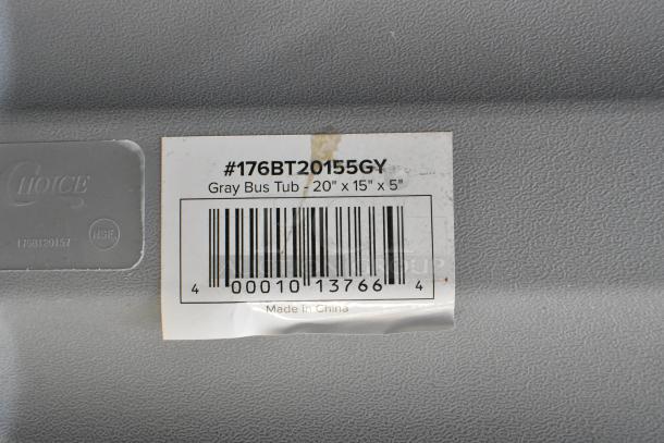 Gray polypropylene bus tub, 20" x 15" x 5". Label shows model #176BT20155GY and barcode. Made in China.
