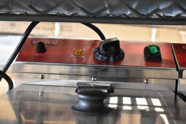 Brand new Avantco 177F202 dual tank fryer with control panel. Includes 2 metal baskets and lids. 208-240V, 1 phase.
