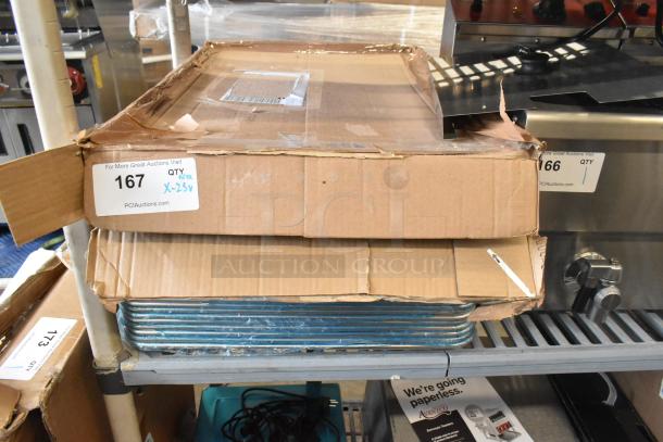 Box of 25 scratch and dent Vollrath 5315 Wear-Ever and Choice aluminum bun pans, new, with NSF certification labels visible.