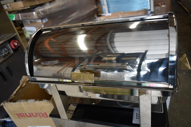 2 Brand New 407COH4 Choice Deluxe 8 Qt. Gold Accent Roll Top Chafers, full size, with minor scratches and dents visible.