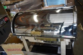 2 Brand New 407COH4 Choice Deluxe 8 Qt. Gold Accent Roll Top Chafers, full size, with minor scratches and dents visible.