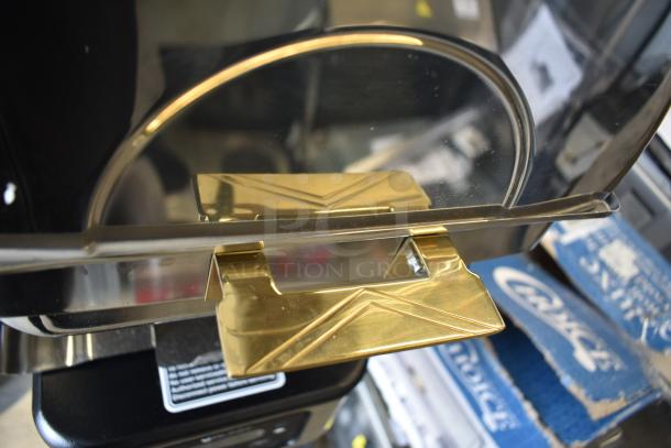 Brand new Choice Deluxe 8 Qt. Full Size Roll Top Chafer with gold accents, model 407COH4, minor scratches and dents.