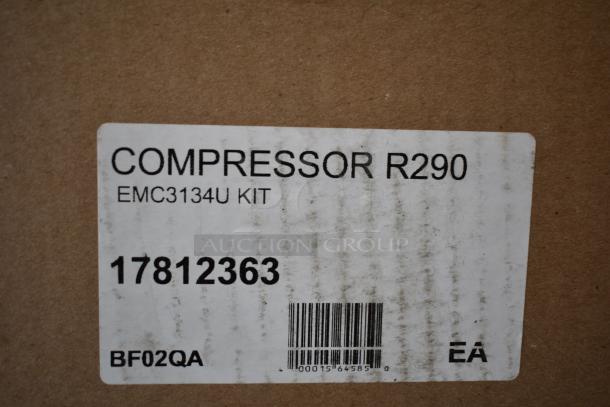 BRAND NEW Embraco EMC3134U compressor, 115V, R-290, for A-19F-HC and other series. Label reads: "17812363, Compressor R290".