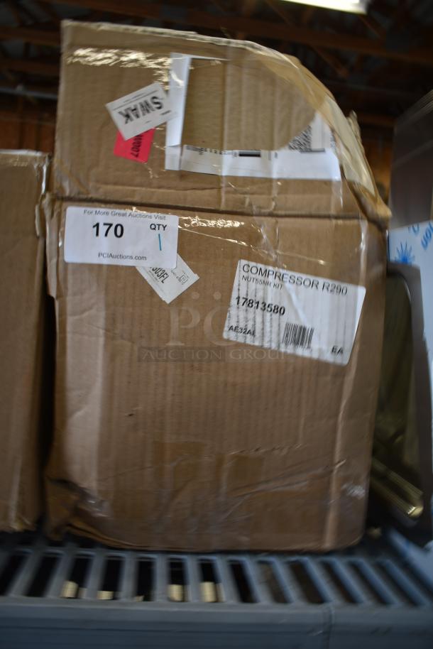 Brand new scratch and dent Cubigel NUT55NR Avantco compressor in box, showing model 17813580. Box slightly damaged.