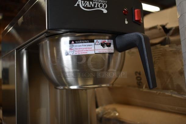 Avantco 177C15 Pourover Airpot Coffee Brewer, new, with visible scratch and dent. Warning label on stainless steel funnel.