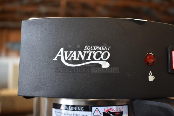 Brand new Avantco 177C15 Pourover Airpot Coffee Brewer, scratch and dent, 120V, 1 Phase, with visible logo and warning label.