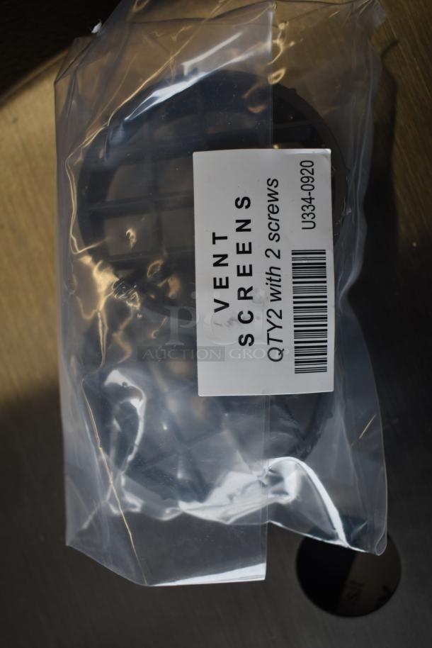 Packaged vent screens labeled "VENT SCREENS QTY2 with 2 screws," for Rinnai RX199iN tankless water heater.