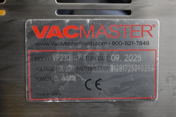 VacMaster VP230 label showing model, factory date 09/2025, voltage 115V, factory code, and CE marking.