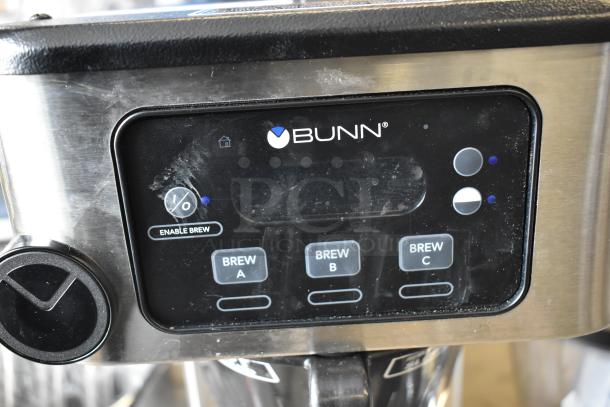 BRAND NEW Bunn ICB-DV 53100.0101 BrewWISE stainless steel coffee brewer, 120V, scratch and dent condition, control panel view.