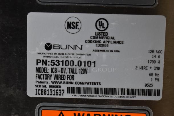 Label on Bunn ICB-DV BrewWISE Coffee Brewer, model 53100.0101. Shows electrical specs: 120V, 14A, 1700W, 60Hz, single-phase.