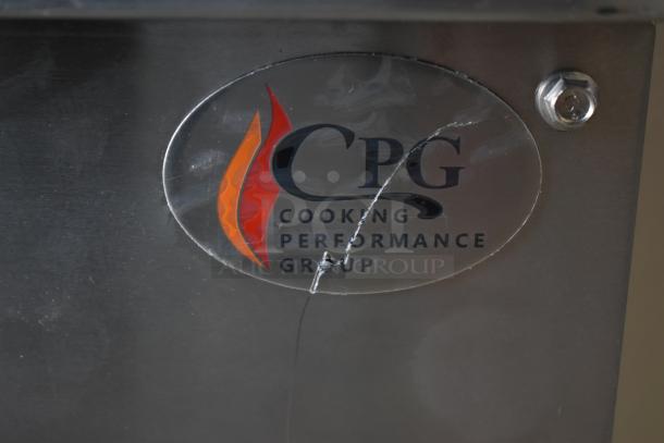 Cooking Performance Group CPG logo with visible scratch on metal surface. Model 351WOKR13L, Liquid Propane Wok Range.