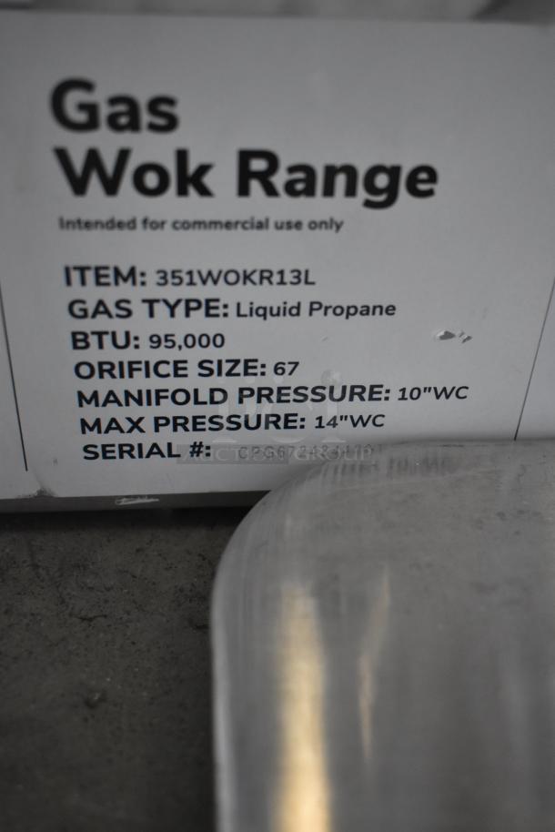 BRAND NEW Cooking Performance Group CPG WOKR13L LP Wok Range, 13" ring, 95,000 BTU, gas type: liquid propane, model 351WOKR13L.