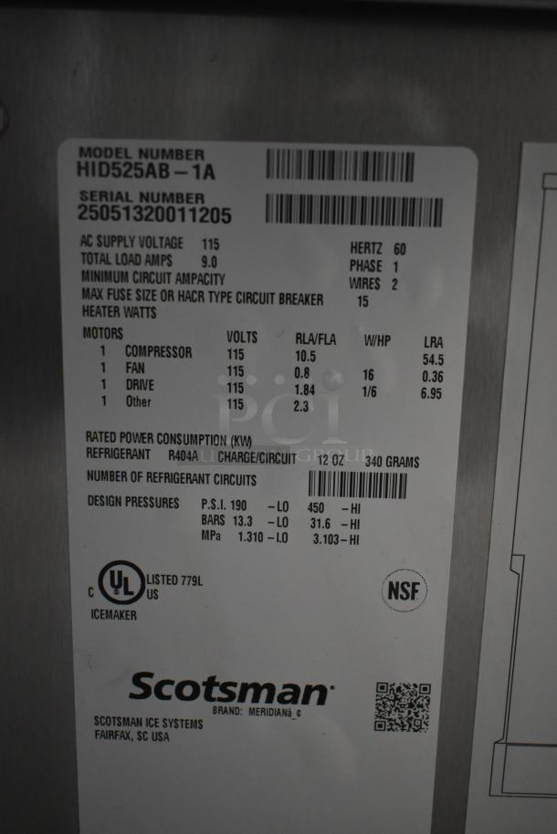 Scotsman HID525AB-1A ice machine label showing specs, including voltage, amps, and refrigerant type. Brand new condition.