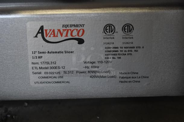 Brand new Avantco 177SL312 12" meat slicer, semi-automatic, 1/3 HP, 115V, scratch and dent condition, commercial use.