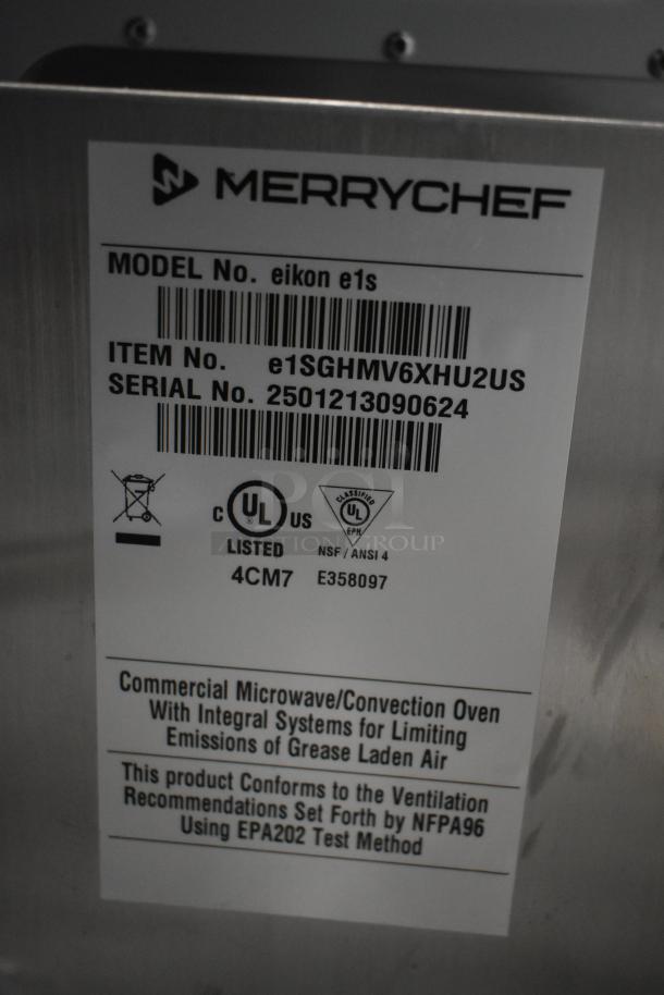 Merrychef eikon e1s countertop oven label; model, item, and serial numbers; UL and NSF certified; grease emission specs.