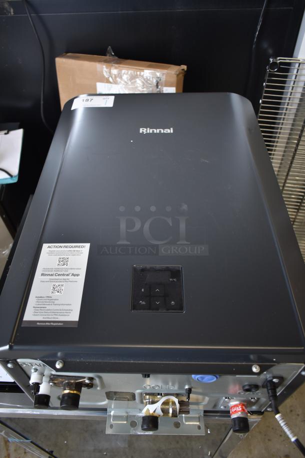 Brand new Rinnai CX199i Sensei tankless water heater, 199,000 BTU, 11.0 GPM, with tags and QR code visible.