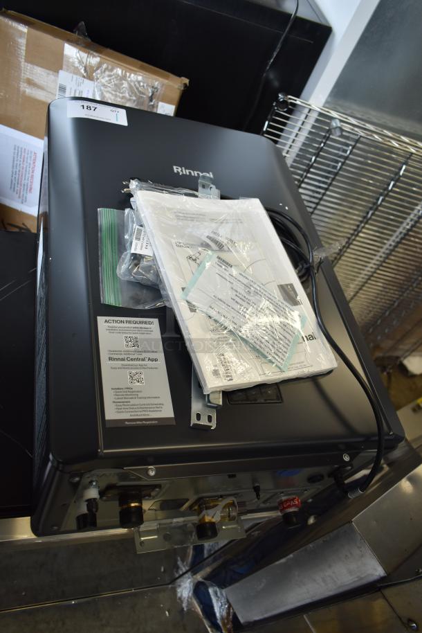 Rinnai CX199i tankless water heater, 199,000 BTU, 11.0 GPM, brand new with documents, minor cosmetic scratches, model plate visible.