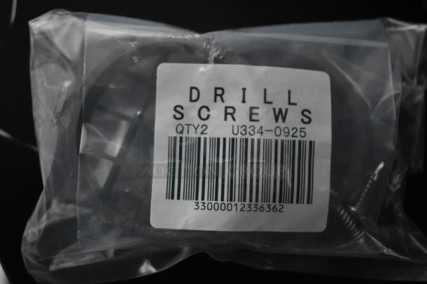 Clear plastic bag containing two drill screws. Label reads "DRILL SCREWS, QTY 2, U334-0925," with a barcode underneath.