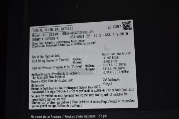 BRAND NEW Rinnai CX199i SENSEI tankless water heater, 199,000 BTU, 11.0 GPM; for natural gas or propane; wall-mounted.