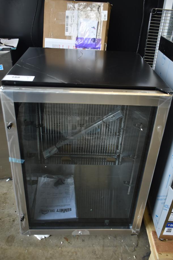 Summit SCR610BL 24" stainless steel undercounter beverage refrigerator with glass door, brand new, visible scratches.
