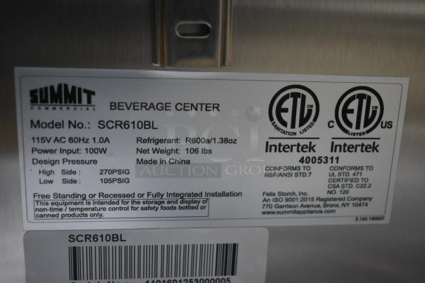 Summit SCR610BL Beverage Refrigerator label showing model, specifications, and energy certifications. 115V, 100W, made in China.