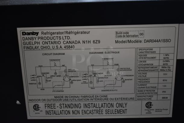 Danby DAR044A1SSO refrigerator label showing model, electrical specs, and usage instructions for outdoor installation.