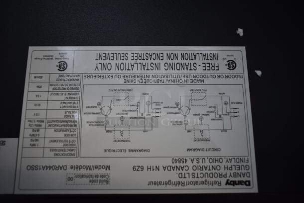 Label for Danby DAR044A1SSO refrigerator, showing electrical and installation details. 115 Volts, 1 Phase.