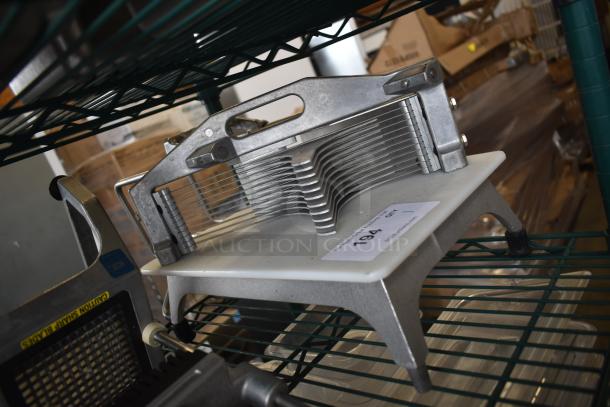 Vollrath 25721VK Countertop Tomato Slicer, metal frame, clean blades, good condition, label shows "194" for identification.