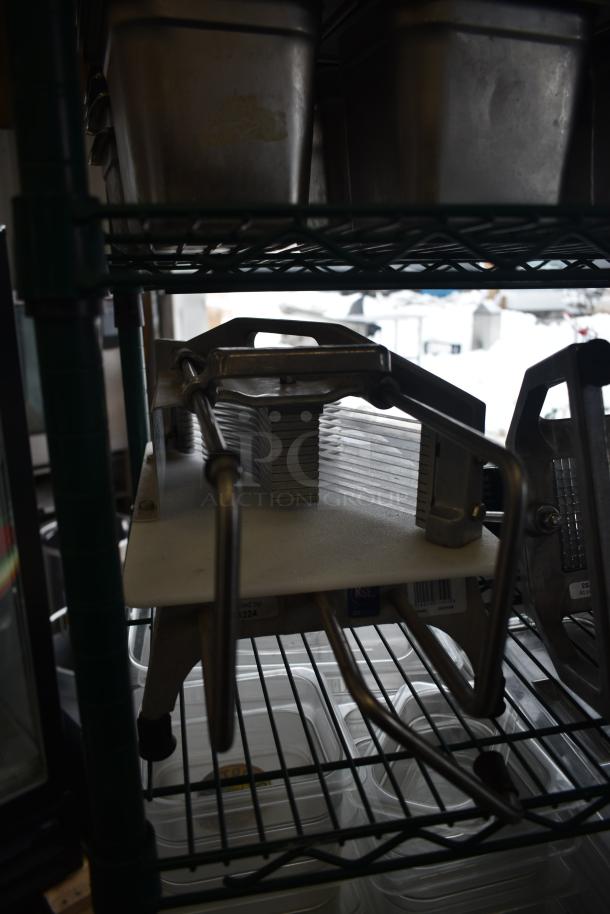 Vollrath 25721VK Countertop Tomato Slicer, stainless steel, used condition, sharp blades, NSF approved tag visible.