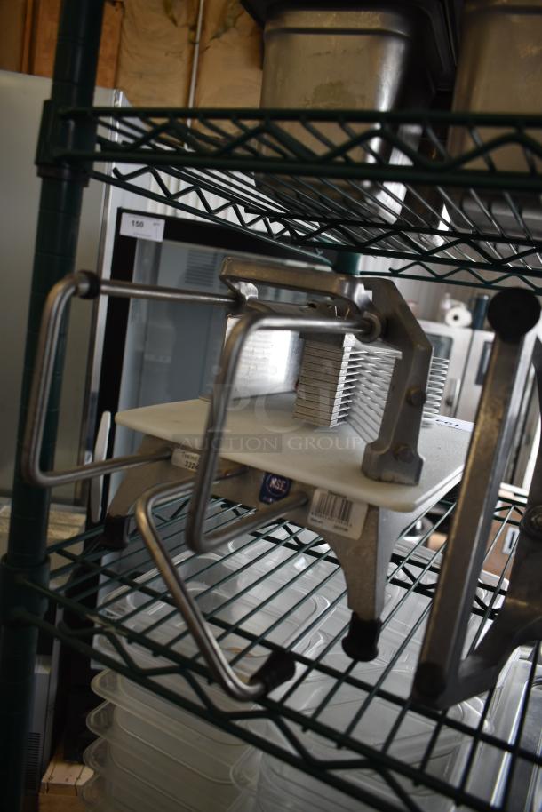 Vollrath 25721VK Countertop Tomato Slicer, metal frame, sharp blades, rust-free, NSF certified label visible, excellent condition.