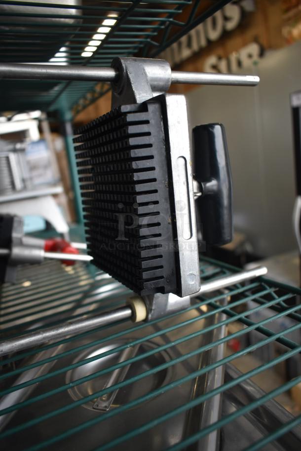 Lettuce head cutter with metal frame and handle, horizontal mount, part of 2-item vegetable cutter set.