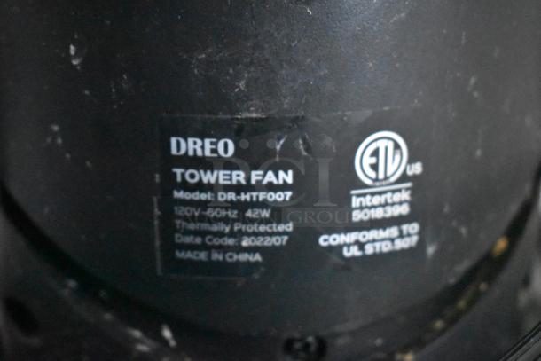 Dreo DR-HTF007 tower fan label, 120V, 42W, thermally protected, date code 2022/07, made in China, ETL certified.