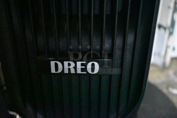 Dreo DR-HTFOOT Tower Fan, black, 120 volts, vertical slats, prominent Dreo logo, good condition.