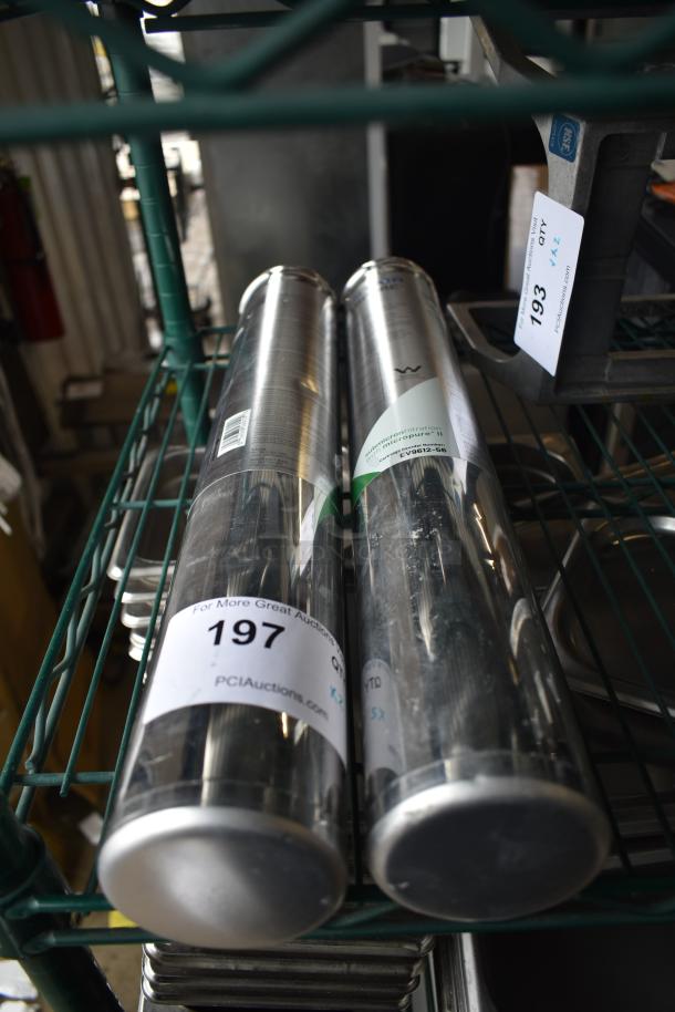 Two Pentair Everpure EV9612 water filter cartridges on a metal shelf, showcasing product labels and auction tag 197.