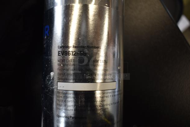 Two Pentair Everpure EV9612 water filter cartridges, silver, model details and replacement info visible, in new condition.