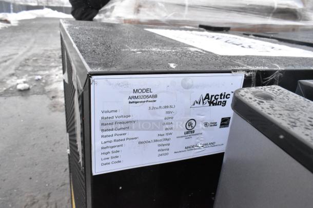 4 Mini Coolers including Arctic King ARM32D5ABB model. 3.2 cu ft capacity, 115V, 60Hz, 80W. Auction includes 4 units.