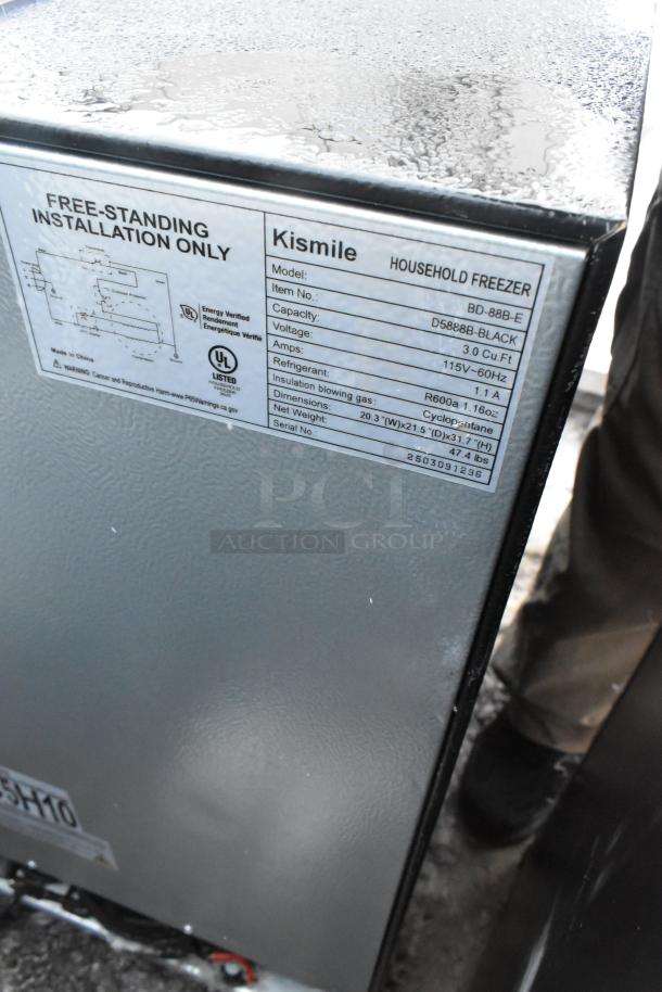 Kismile BD-88B-E mini cooler, 115V, 3.0 cu ft capacity, free-standing, detailed label shown.