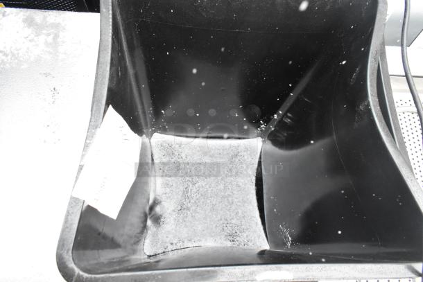 Lavex 35-gallon black square trash can, model 475SQ35BK. New with visible scratches and dents. Tag present.