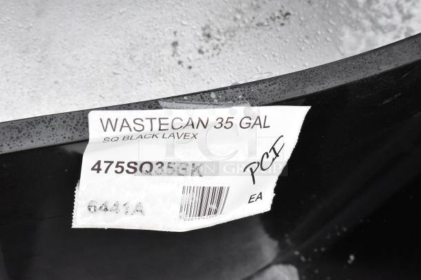 3 Lavex 475SQ35BK black 35-gal trash cans, new with minor scratches/dents. Labels show model and capacity.