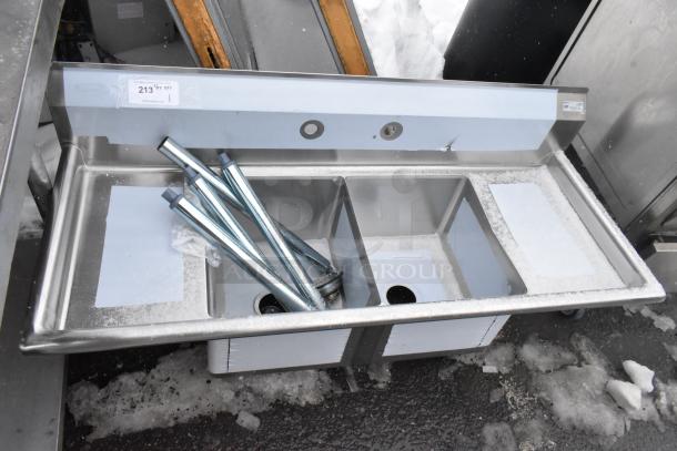 BRAND NEW SCRATCH AND DENT KoolMore 2 Bay Sink with dual drain boards, stainless steel, includes legs, visible surface marks.