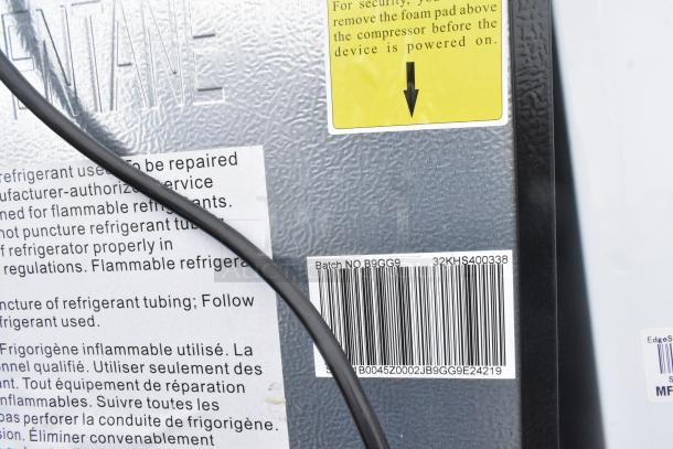 8 mini coolers including Galanz GLR33MBKE23, EdgeStar CMF151L. 120V, 1 Phase. Visible labels with batch and model info.