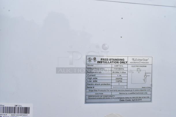 Label of EdgeStar CMF151L mini cooler, shows model, voltage, refrigerant details. Part of 8 various mini coolers lot.