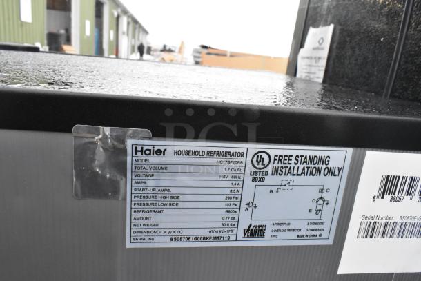 6 mini coolers including Haier HC17SF10RB, Galanz GLR25MBKE02. Haier label: 1.7 cu ft, 115V, 1.4A.