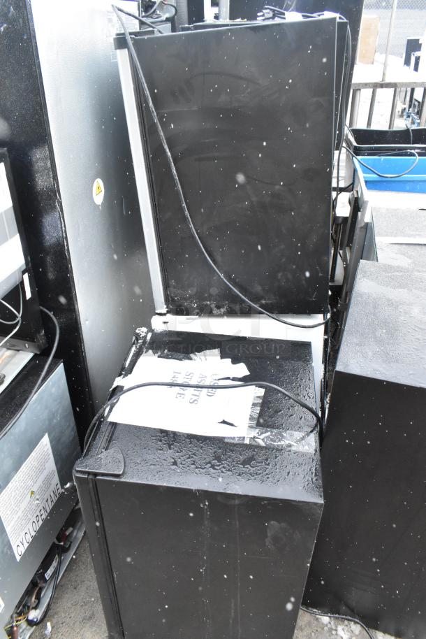 Six black mini coolers, including Haier HC17SF10RB and Galanz GLR25MBKE02, in used condition, 120 Volts, 1 Phase.