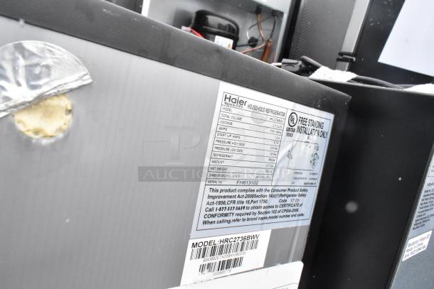 Six mini coolers including Haier HC17SF10RB and Galanz GLR25MBKE02, 120 volts, 1 phase. Labels show model and specs.