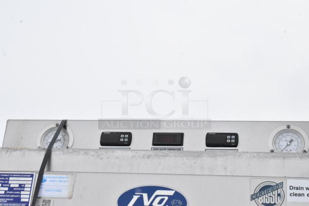 LVO FL14E stainless steel front load pot and pan washer, 460V, 3 phase. Features control panel and gauges.