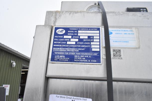LVO FL14E stainless steel commercial pot and pan washer. Front load, 460V, 3-phase. Visible model tag with specs.
