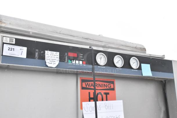 Douglas Commercial Front Load Pot and Pan Washer, control panel with gauges and labels. Used condition, features wash cycle options and power button instructions.